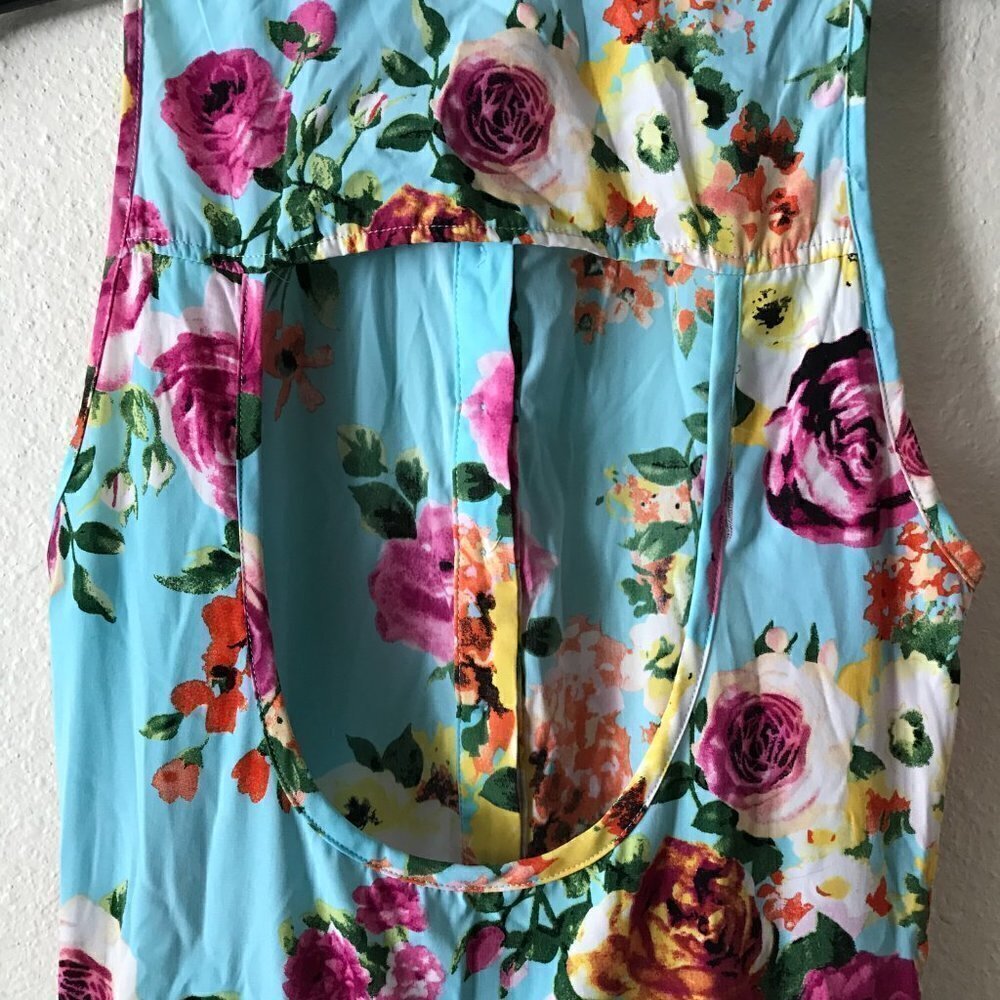 LIBERTY LOVE - Fit & Flare Skater Aqua Floral Open Back Casual Dress - Picture 6 of 13